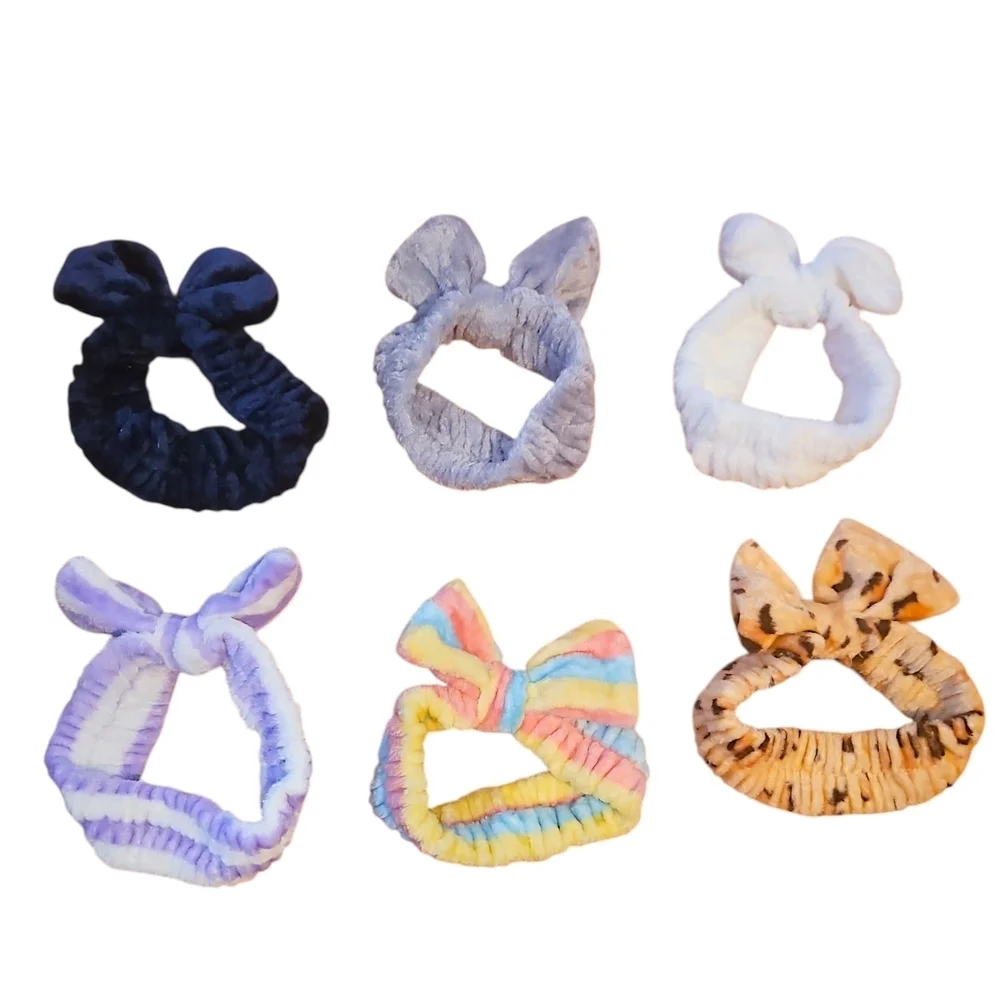 Seven (7) Colorful Fuzzy Spa Headbands With Bow, New without Tags